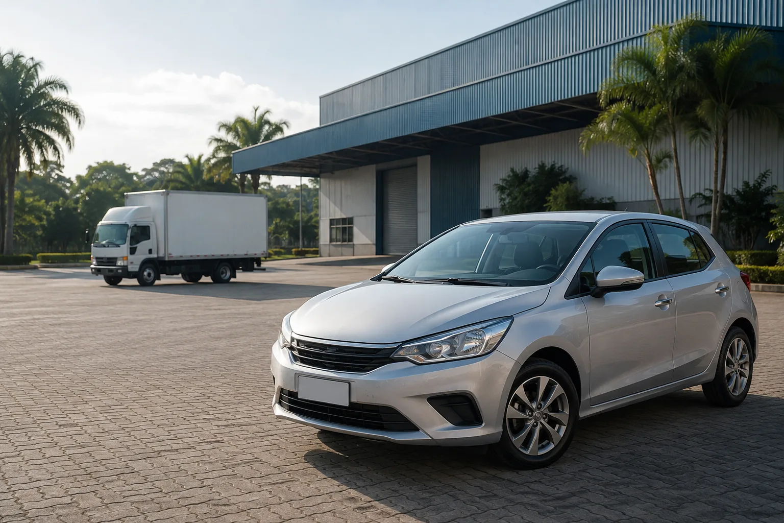 Automóvel prateado e caminhão em um pátio